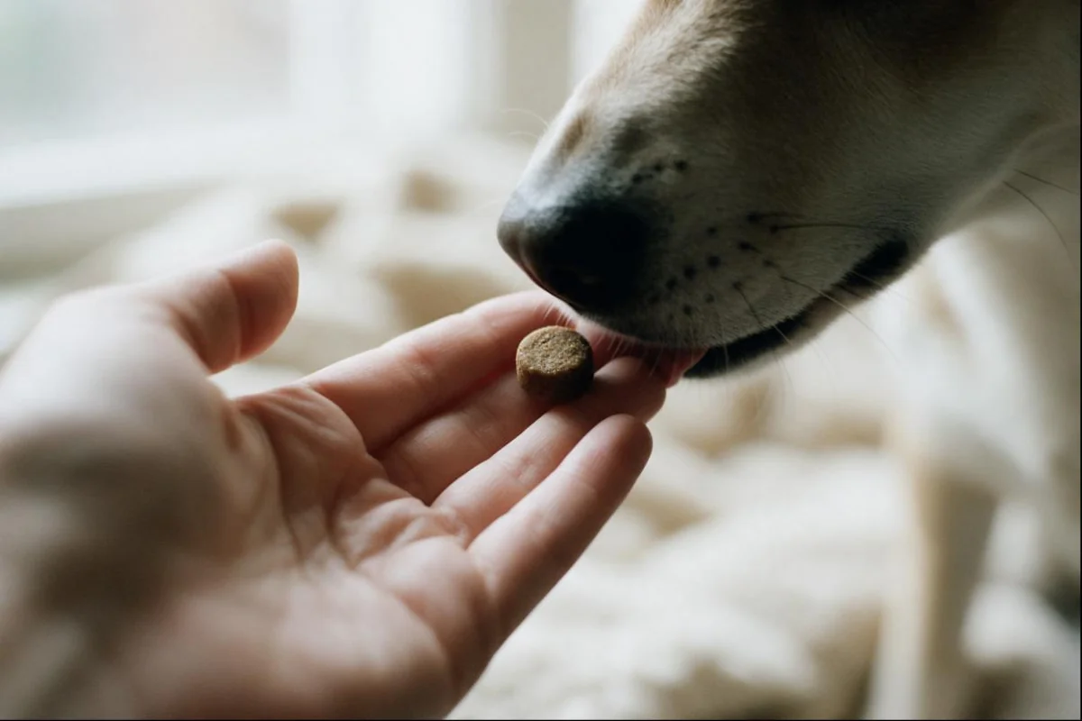 Mão a dar um mastigável mole ao cão
