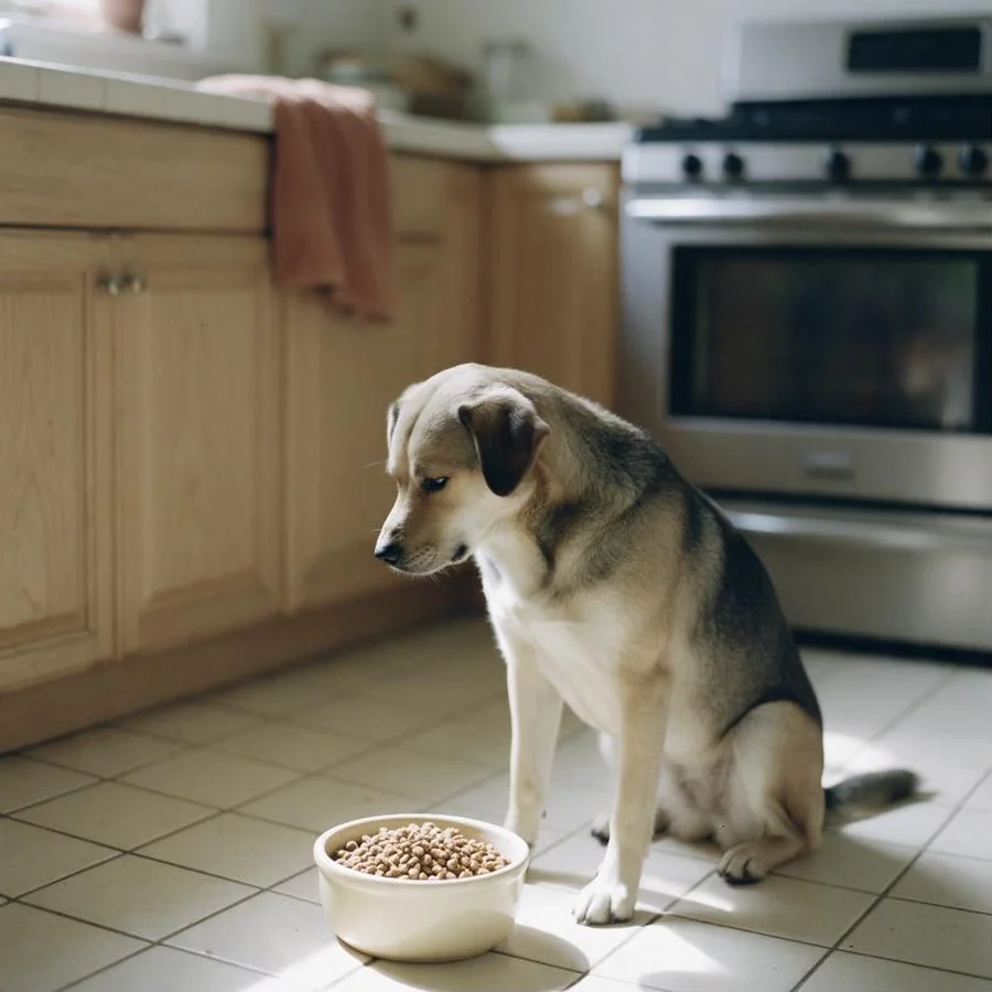 Cão sentado de lado para a taça de comida cheia