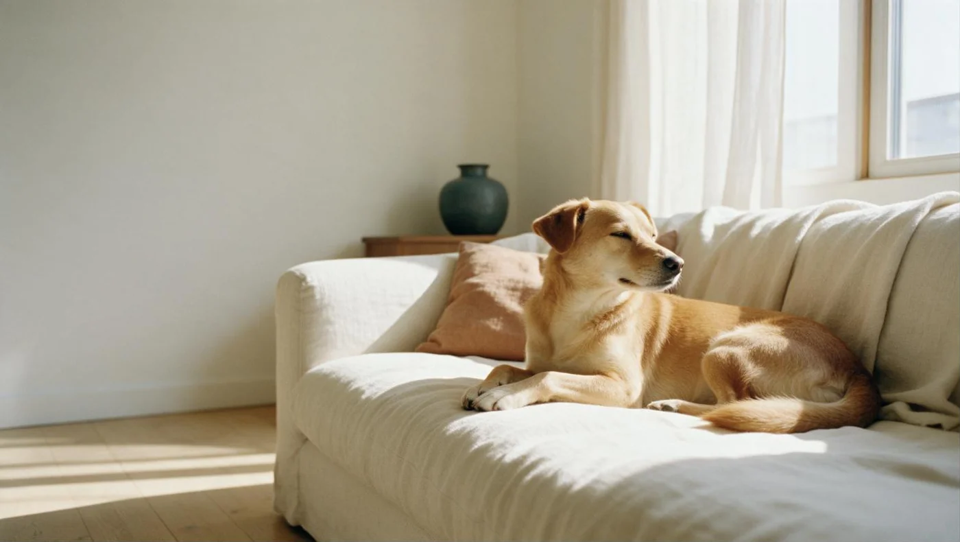 Cão deitado num sofá de linho numa sala com luz de manhã