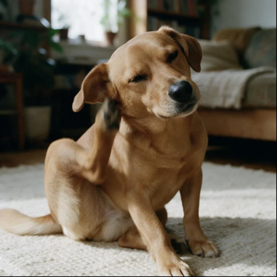 Cão a coçar-se atrás da orelha no tapete